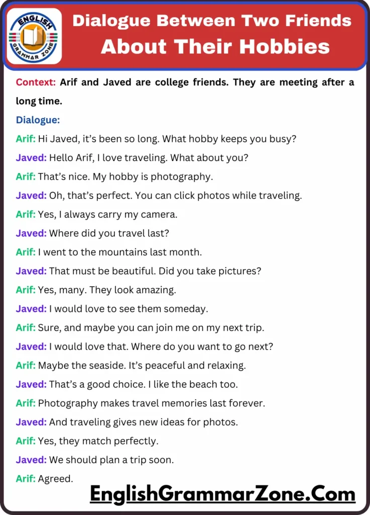 Dialogue Between Two Friends About Their Hobbies