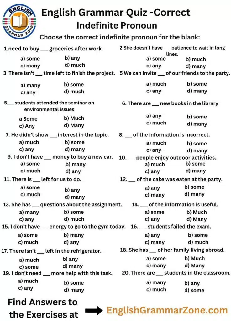 English Grammar Quiz Correct Indefinite Pronoun