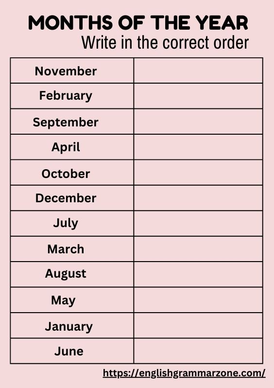 12 English Months of the Year Worksheets