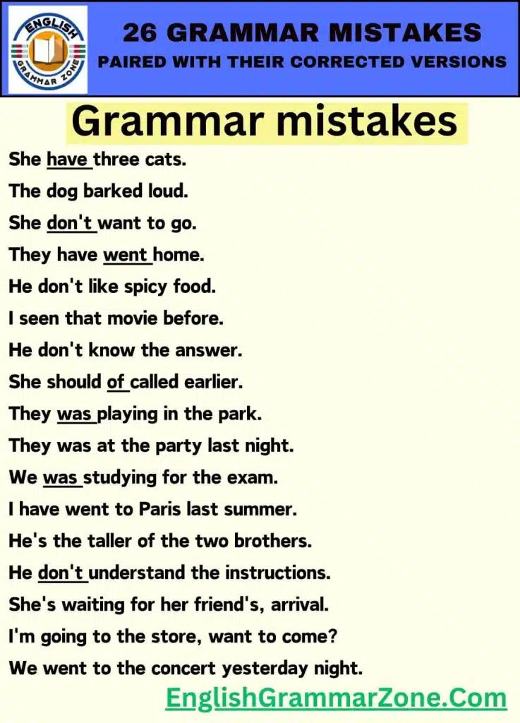 grammar mistakes paired with their corrected versions