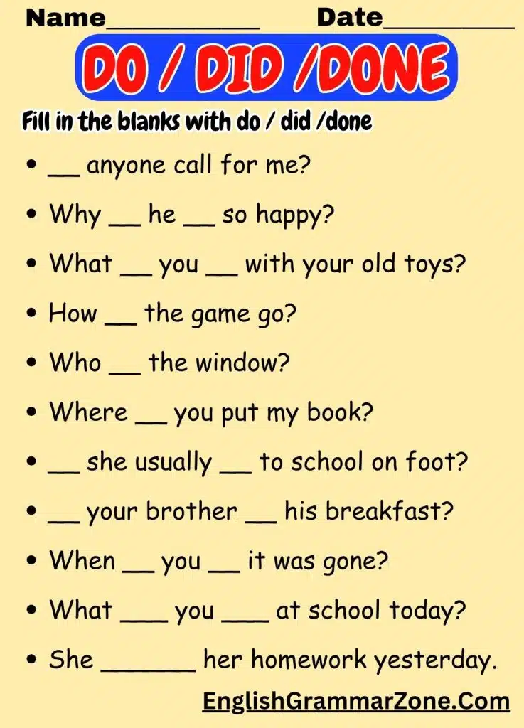 Do Did Done worksheet exercise