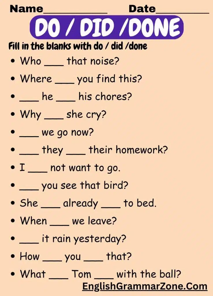 Do Did Done worksheet exercise