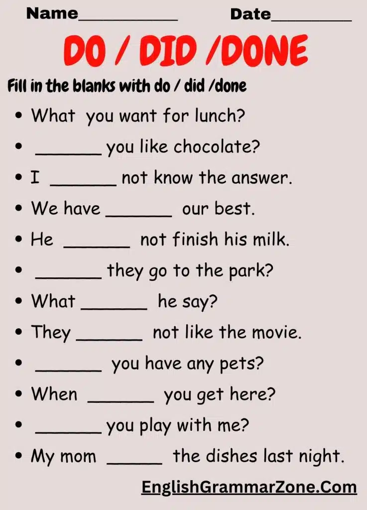 Do Did Done worksheet exercise