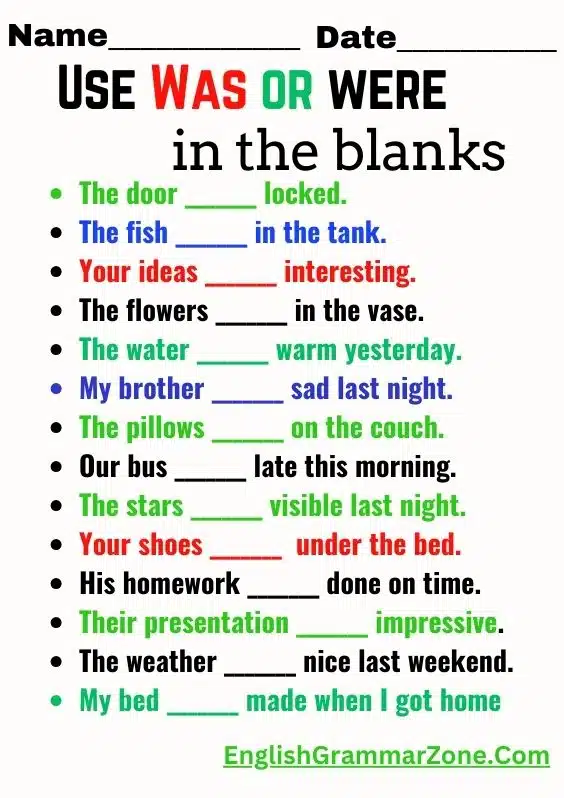 was or were worksheet