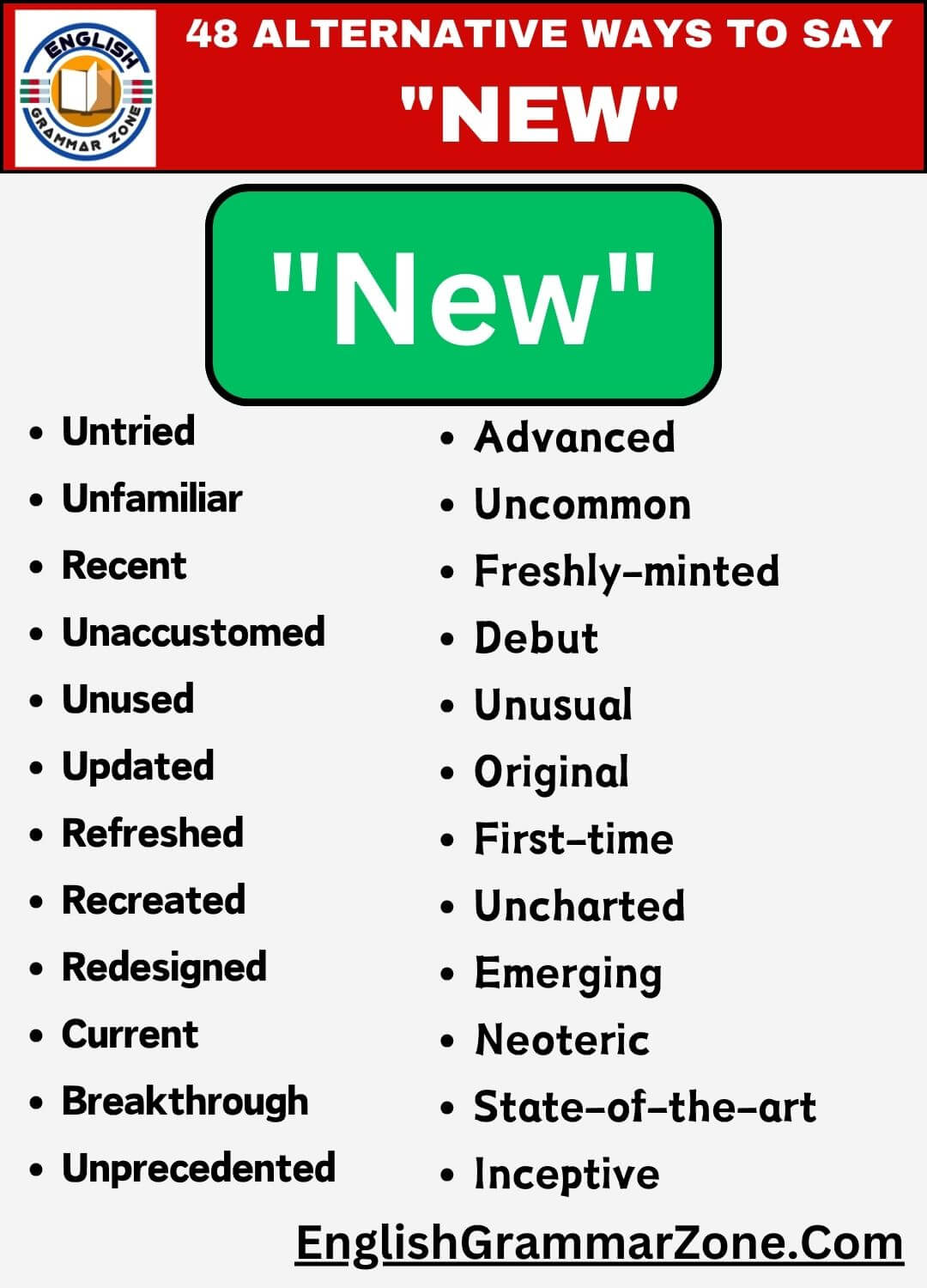 Alternative ways to say new in english
