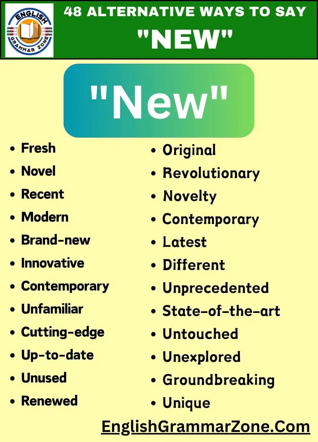 Alternative ways to say new in english