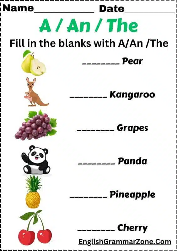 Article worksheet For kids