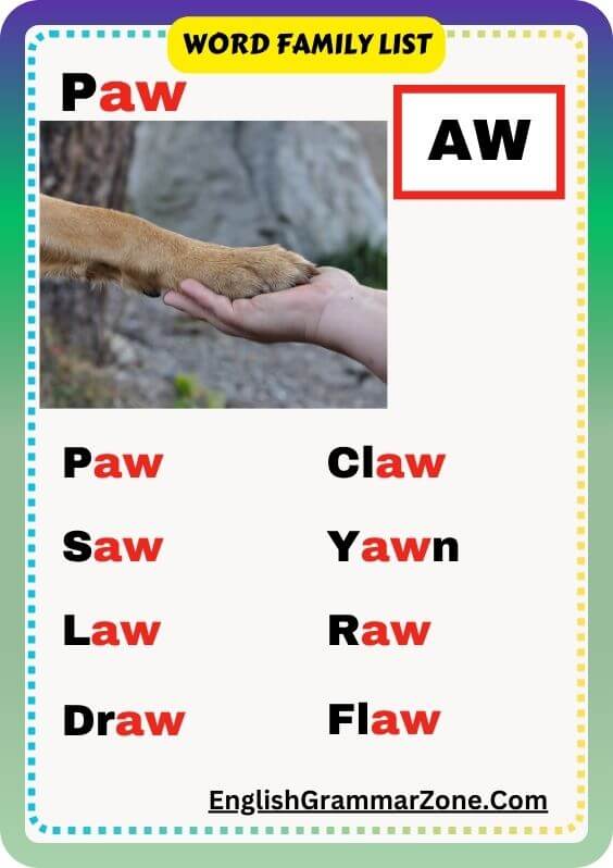 Word Family list With AW