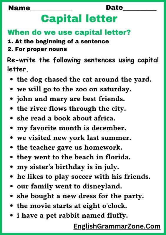 Capital Letter Worksheet With Answer