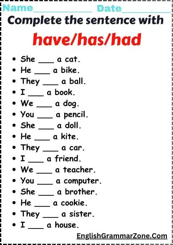 have has and had worksheet