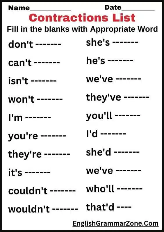 Contraction Worksheet For Grade 3