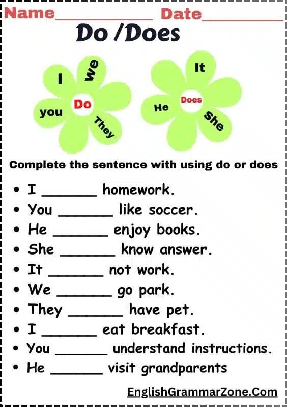 do, does worksheet with answers