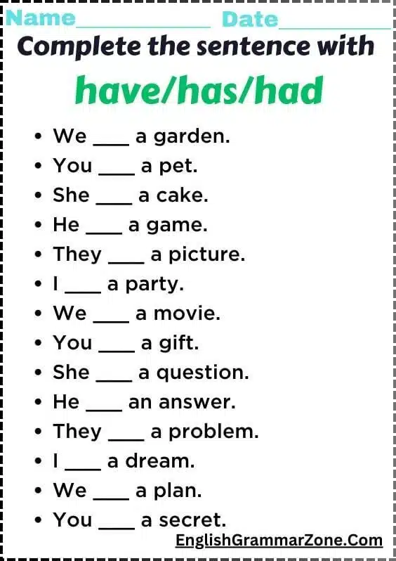 Have Has and Had Worksheet