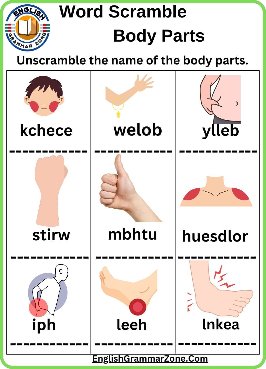 Human body word scramble answers