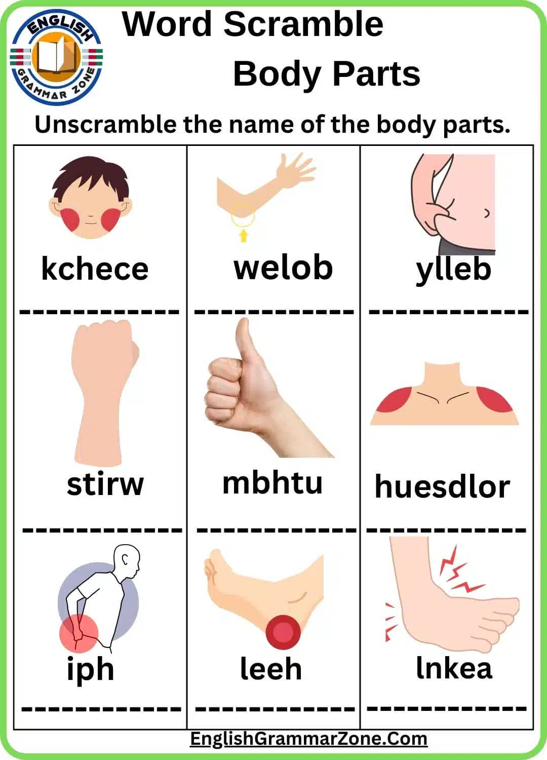 Human body word scramble answers