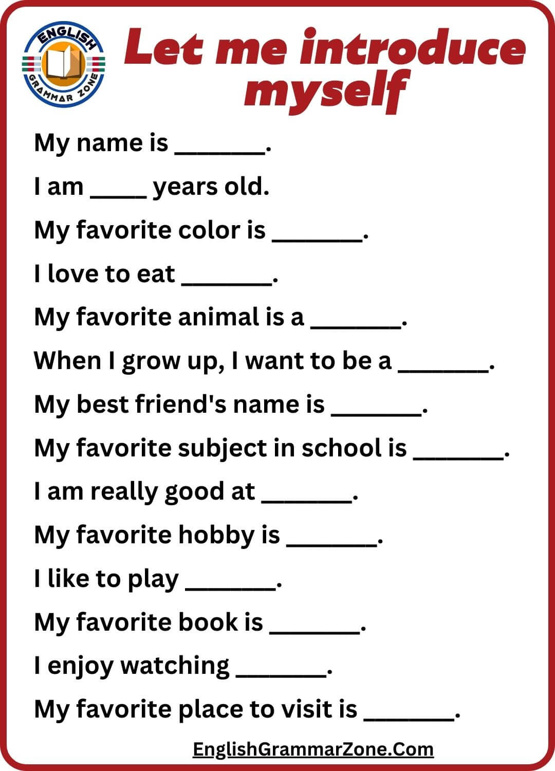 Introduce Yourself Worksheet For Kids