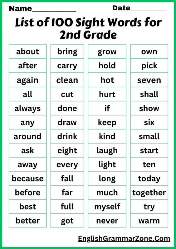 List of 100 sight words for 2nd grade english