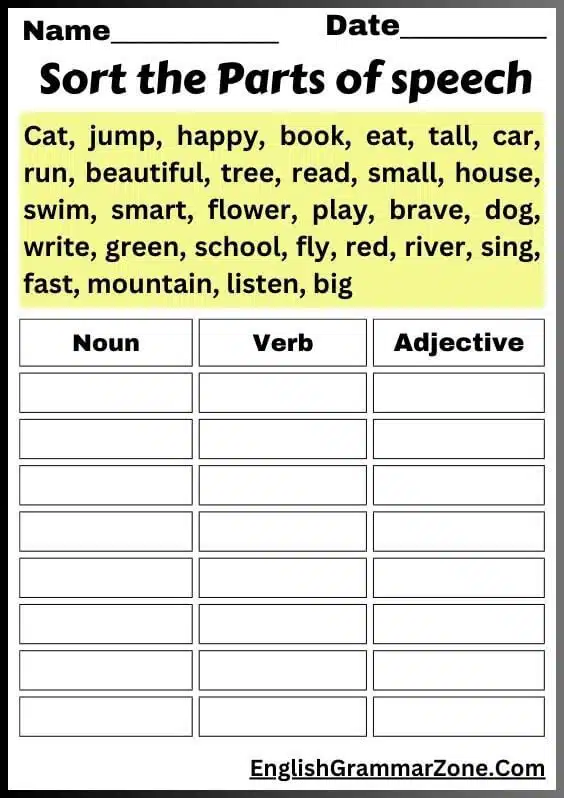 Nouns Verbs And Adjectives
