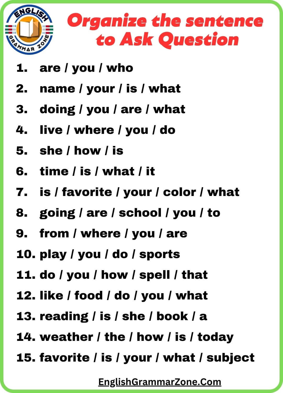 Simple Sentence Rearrangement Exercises
