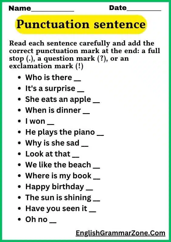 Punctuation sentences for kids