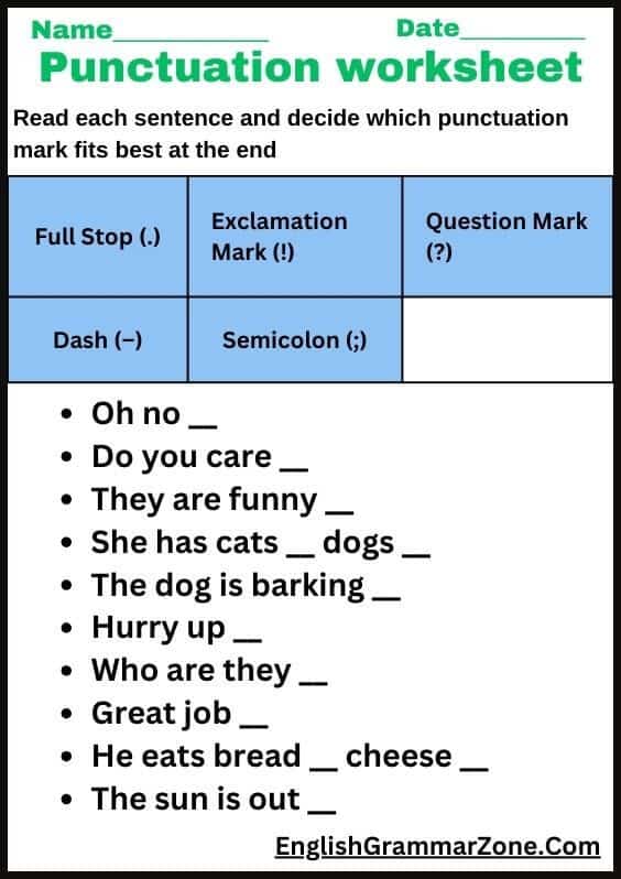 Punctuation worksheets with answers for grade 2