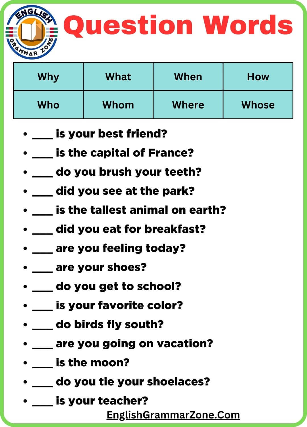 Question words exercises