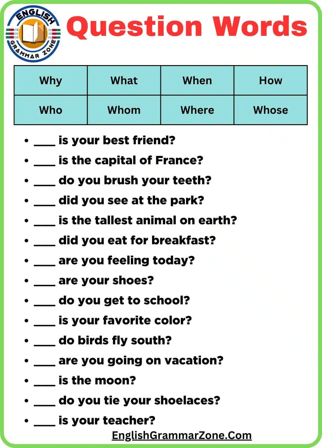 Question words exercises