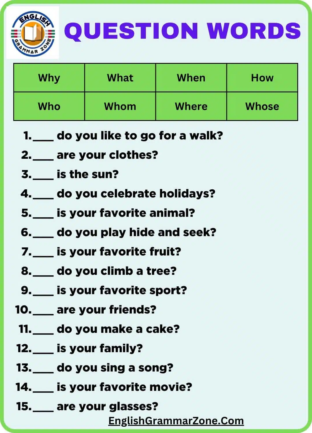 WH Questions Worksheet For grade 4