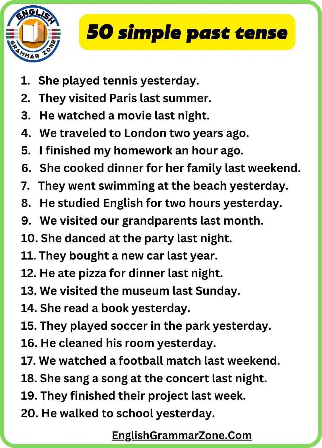 Sentences of simple past tense