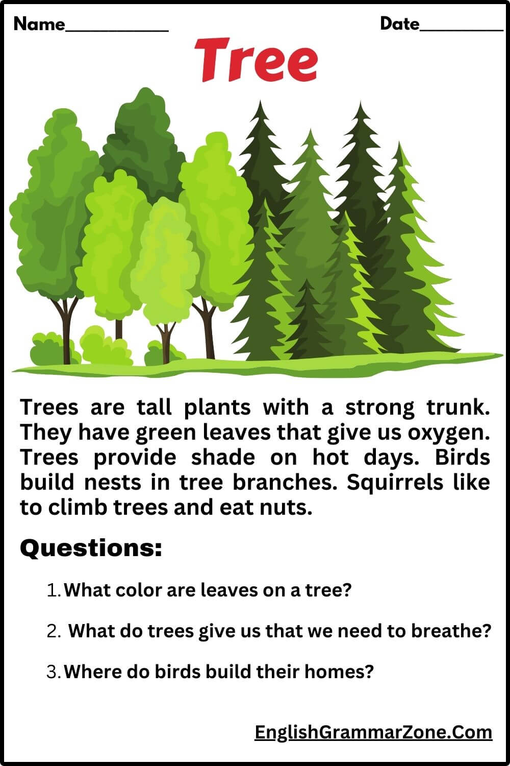 Tree reading comprehension worksheets with answers