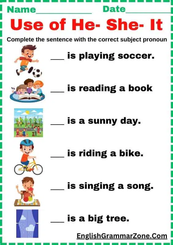 Use of he she it worksheet for grade 1