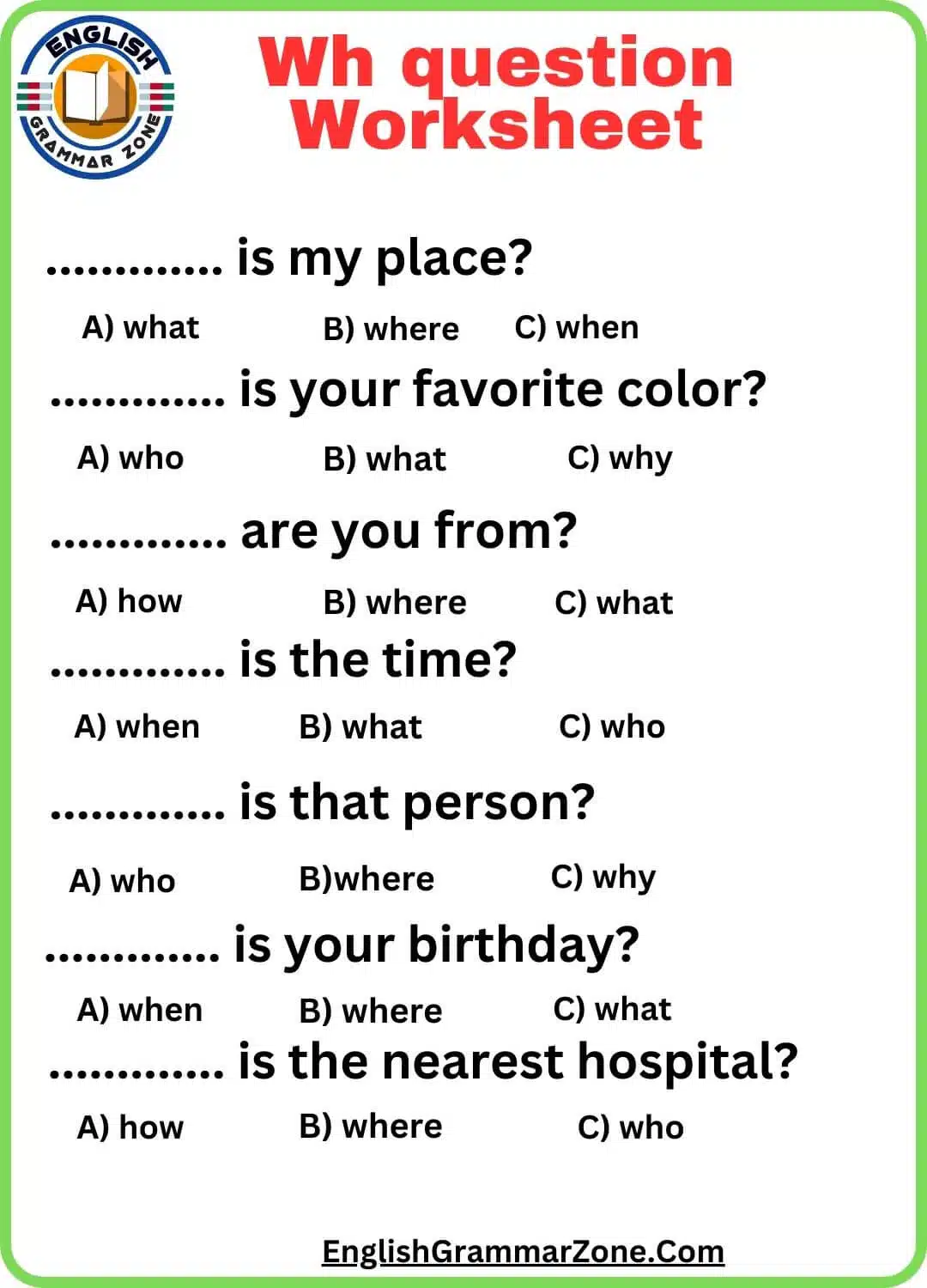 Wh question Worksheet
