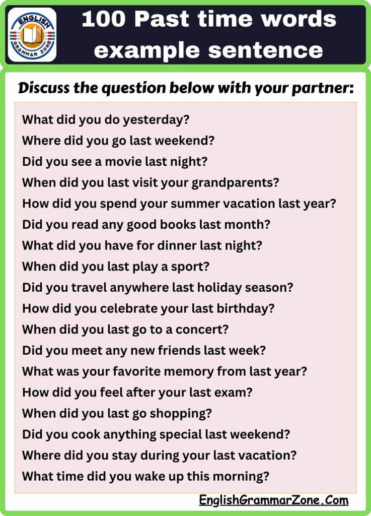 100 Past time words example sentence