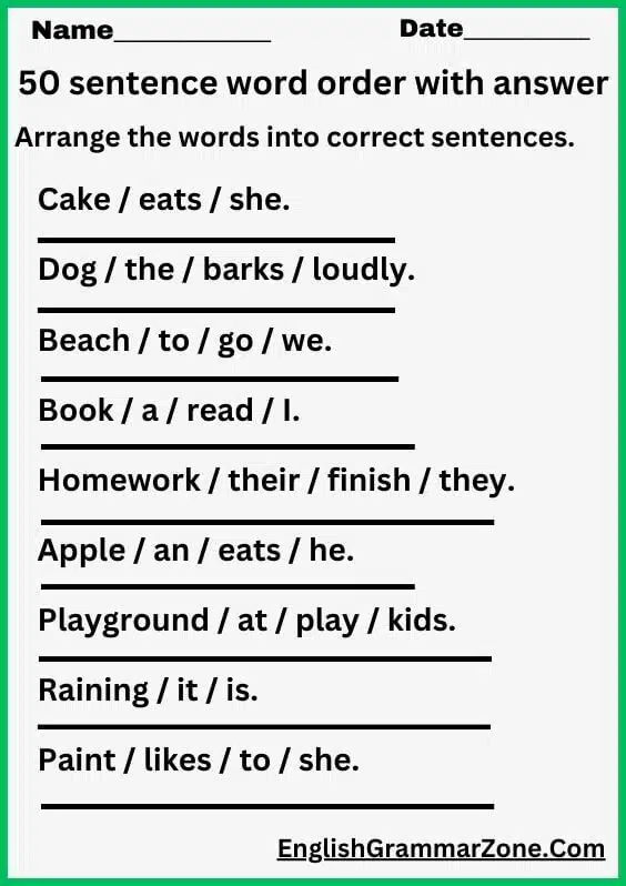 50 sentence word order with answer in english