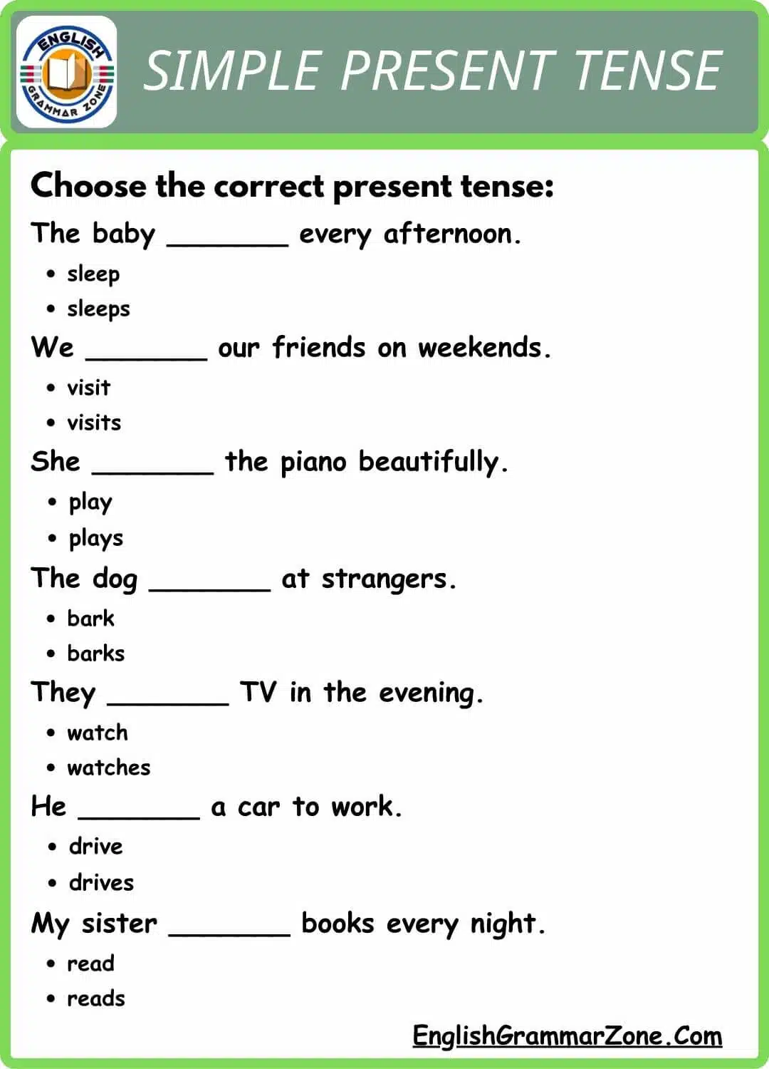 Choose the correct present tense worksheet with answers