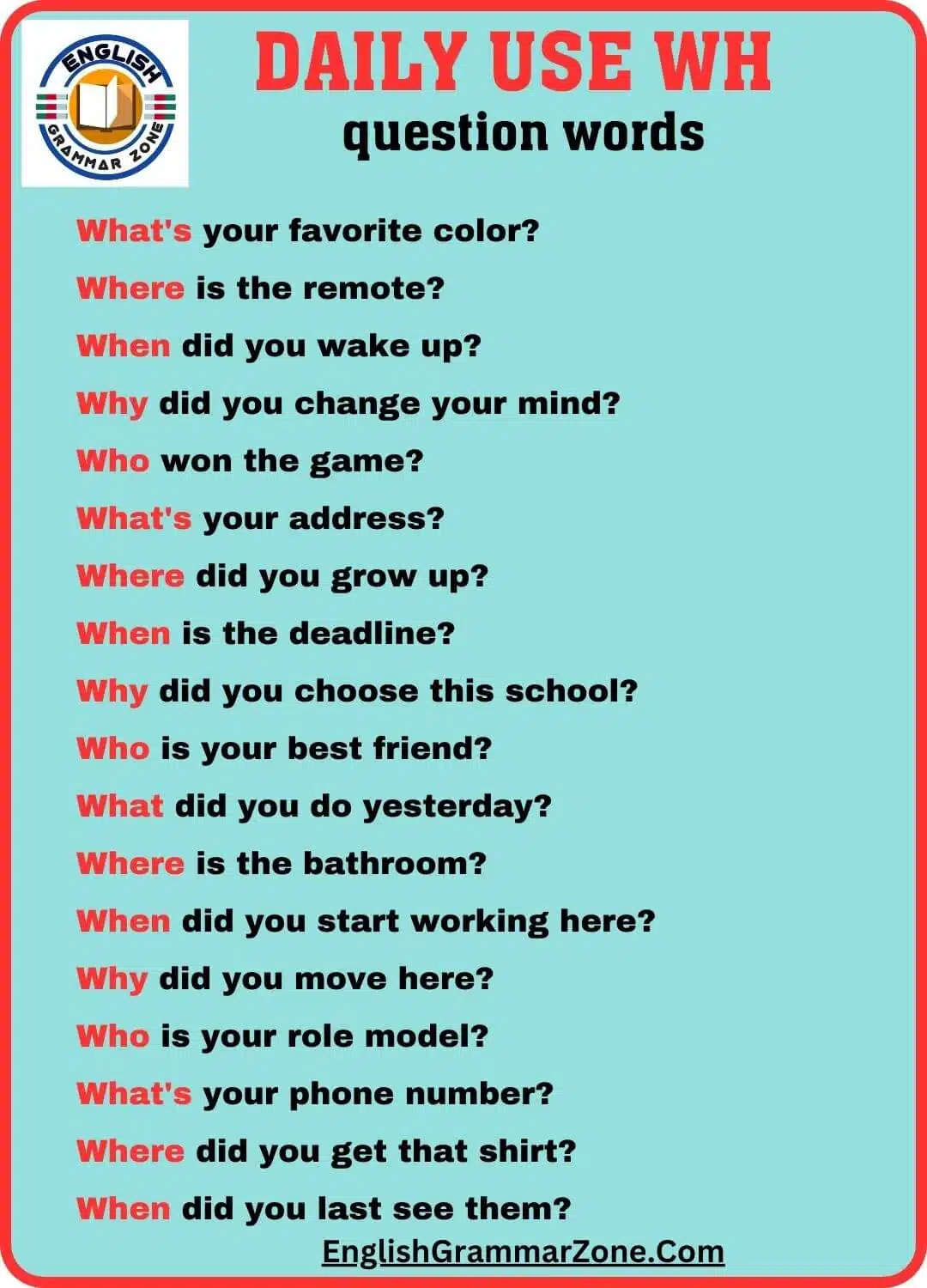 Daily use wh-question words with answers