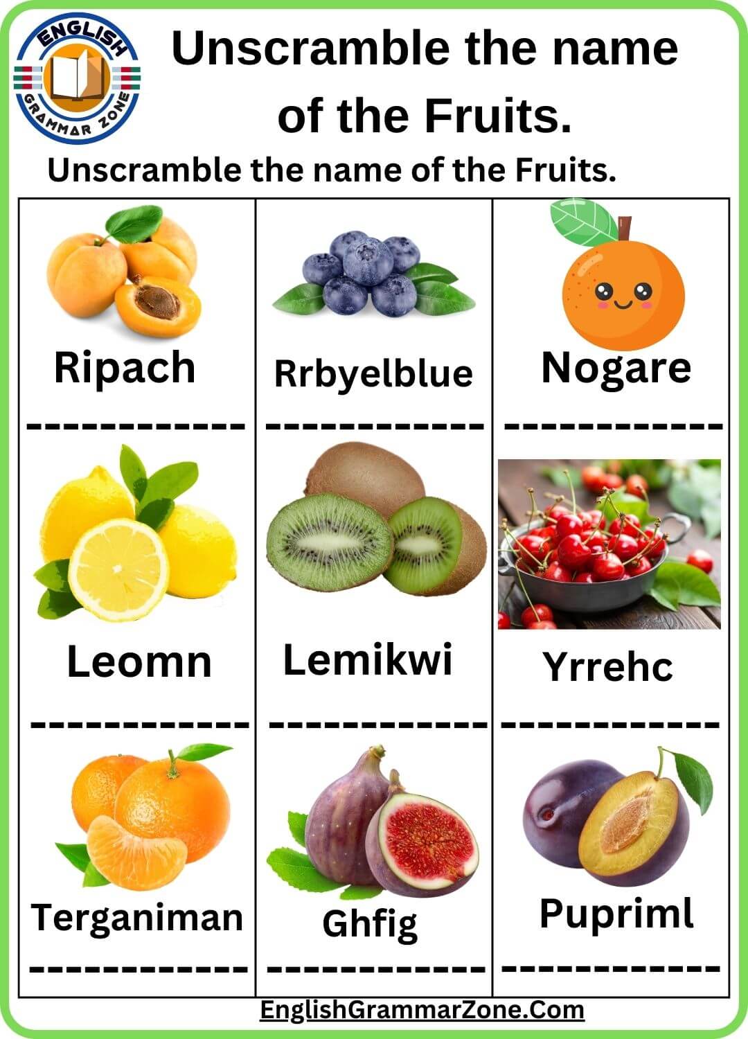 Fruit Word Scramble Worksheet For Kids (Grades 1-3)