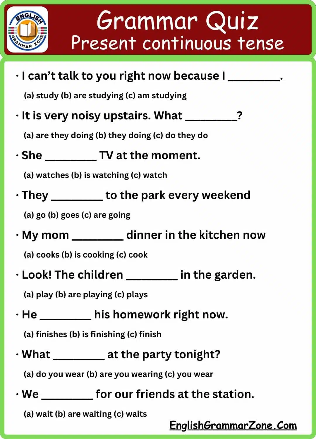Grammar Quiz Present continuous tense