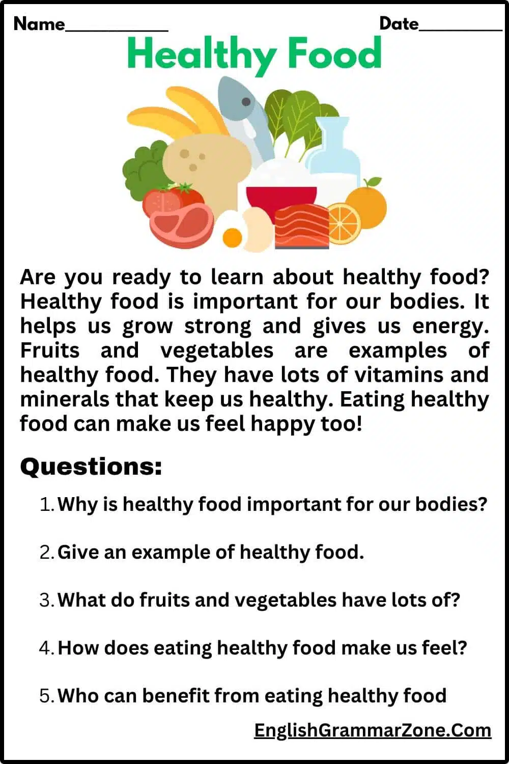 Healthy food comprehension worksheets with answers