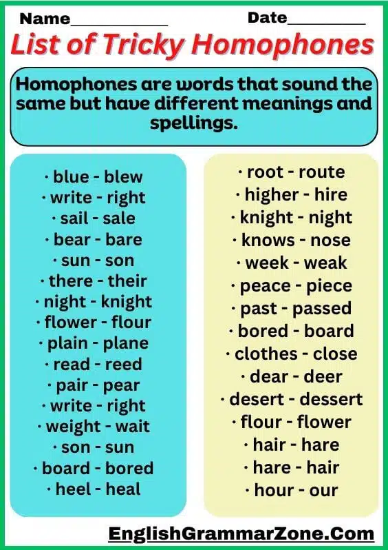 List Of Tricky Homophones Worksheet For Kids