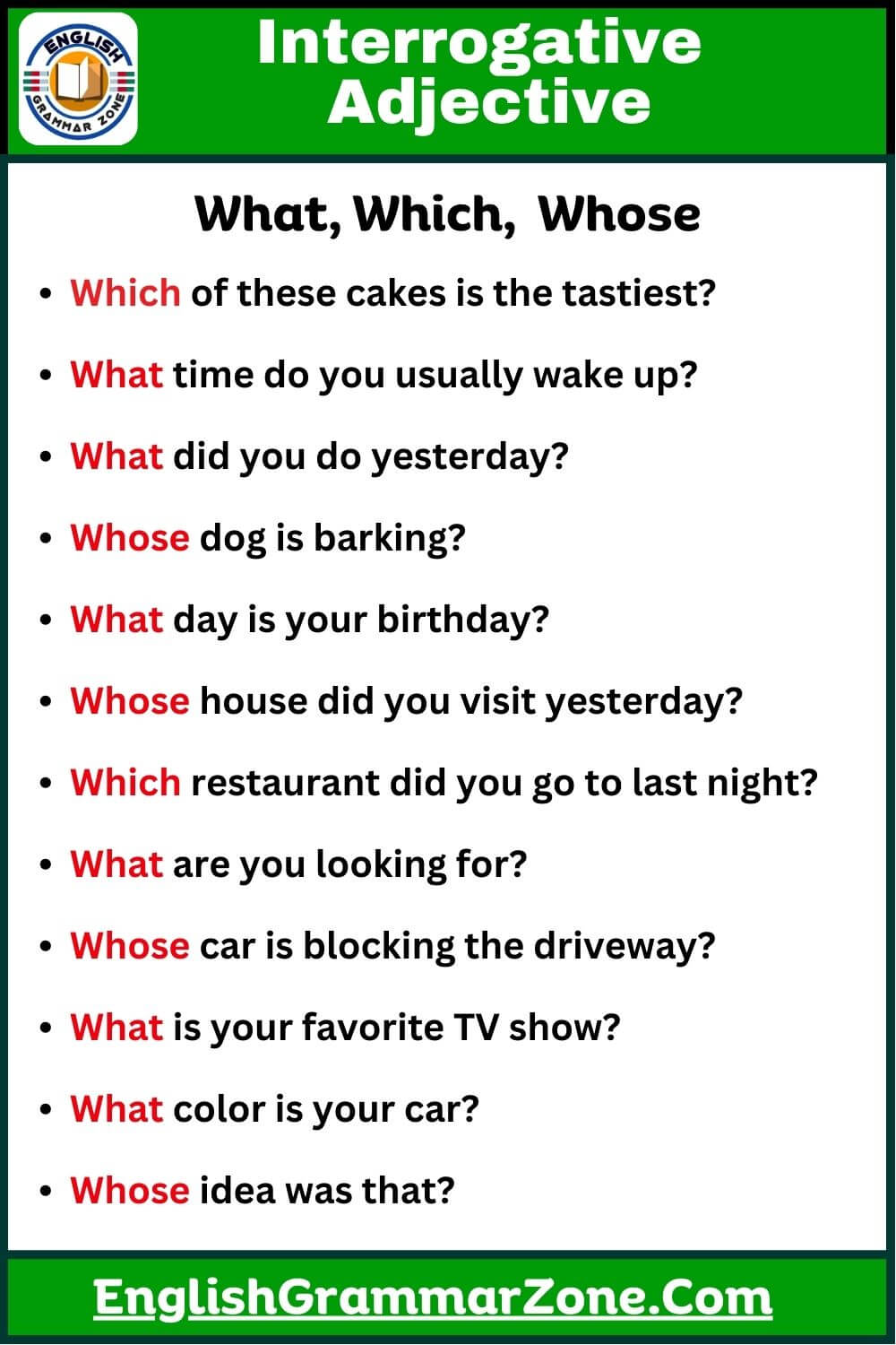 Interrogative adjectives examples sentences. What, Which, Whose