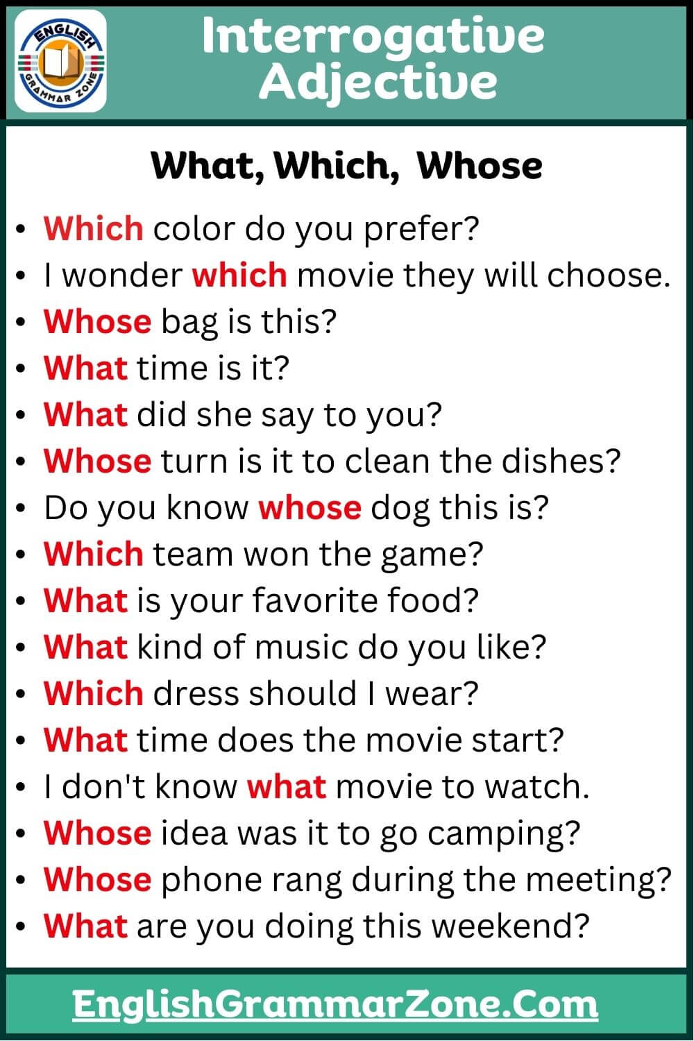 Interrogative adjectives Examples with answers, What, Which, Whose