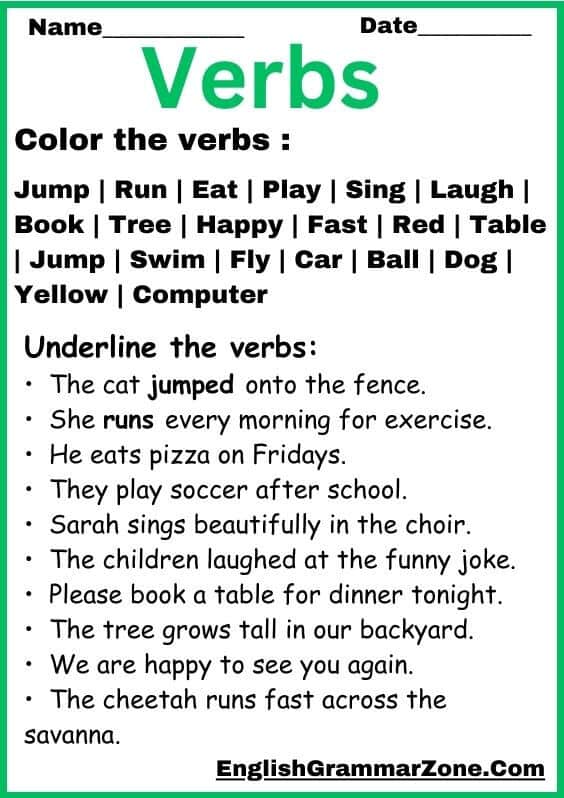 Verbs Worksheet And Exercise