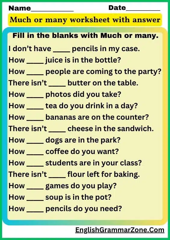 Much and many worksheets for kindergarten