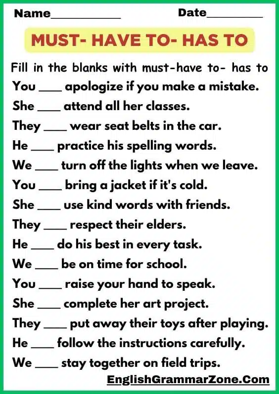 Must have to has to worksheet for kids