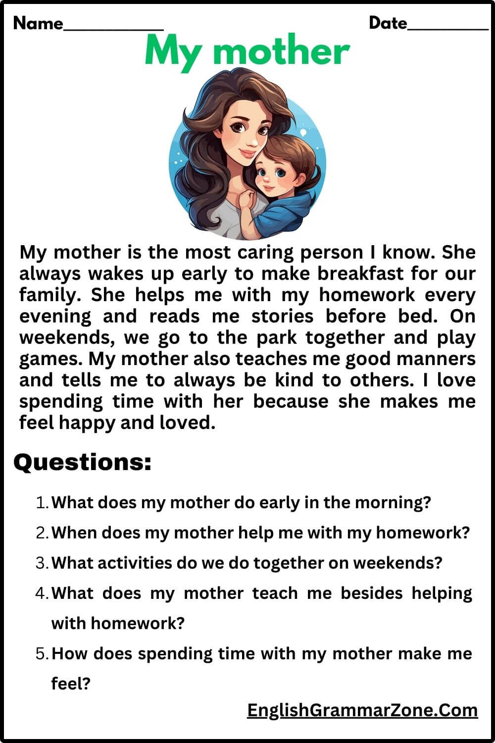 My mother reading comprehension worksheets with answers pdf