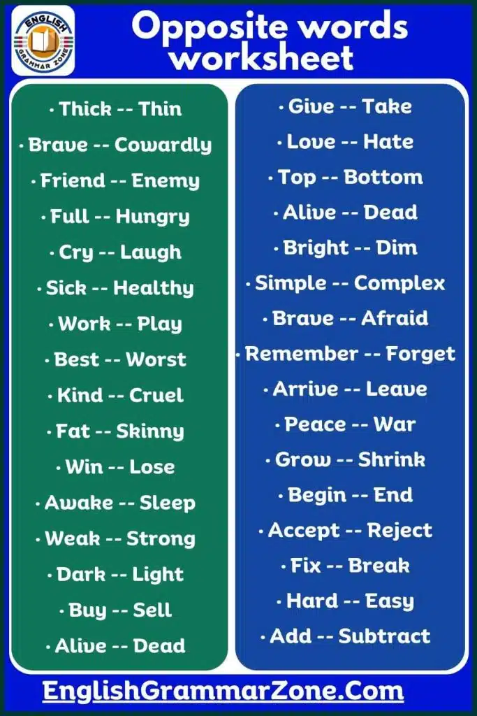 List Of Opposite Words Worksheet For Kids