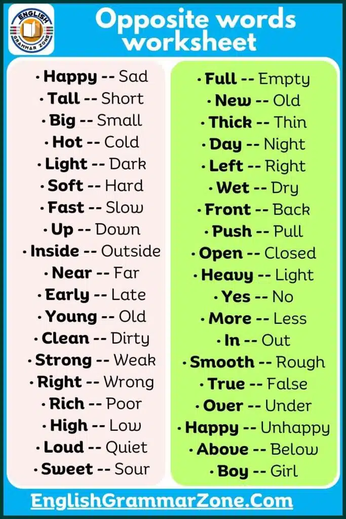 List Of Opposite Words