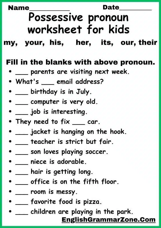 Possessive pronoun worksheet for kids with answers