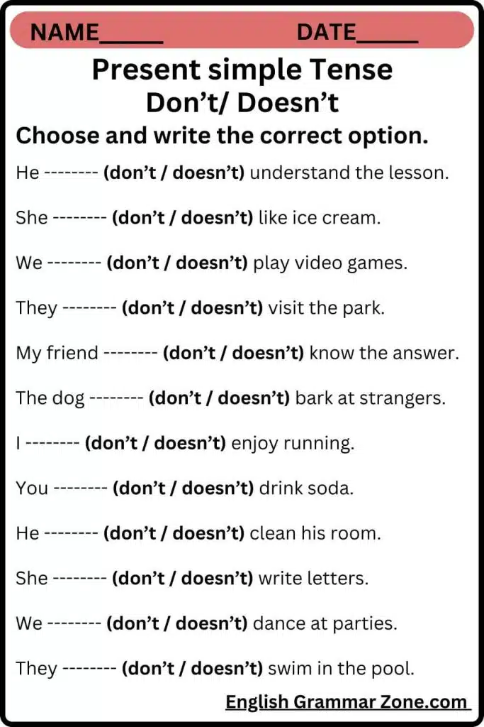 Simple Present: Don’t And Doesn’t Worksheet